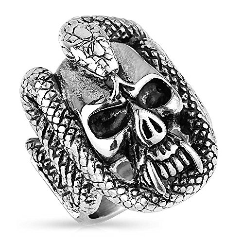 Mianova Herren Ring Edelstahl Massiv Breit Herrenring Männer Biker Rocker Schmuck Totenschädel mit Schlange Silber Größe 64 (20.4) von Mianova