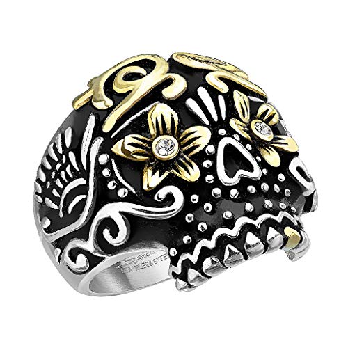 Mianova Herren Ring Edelstahl Massiv Breit Herrenring Männer Biker Rocker Totenkopf Dia De Los Muertos Zuckerschädel vergoldet Größe 62 (19.7) von Mianova
