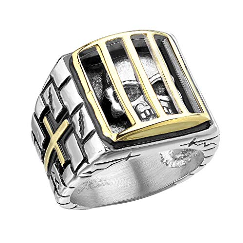 Mianova Herren Ring Edelstahl Massiv Breit Herrenring Männer Biker Rocker Totenkopf Gefängnis Gitter vergoldet und Kreuz Gold Größe 67 (21.3) von Mianova