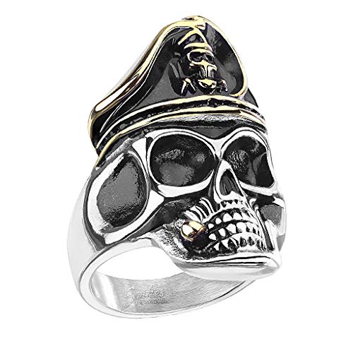 Mianova Herren Ring Edelstahl Massiv Breit Herrenring Männer Biker Rocker Totenkopf Schädel Piraten Kapitän gold vergoldet Größe 73 (23.2) von Mianova