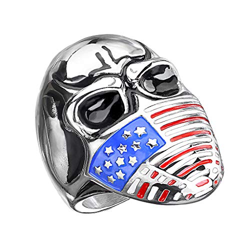 Mianova Herren Ring Edelstahl Massiv Breit Herrenring Männer Biker Rocker Totenkopf Schädel mit USA Flagge Silber Blau Rot Größe 63 (20.1) von Mianova