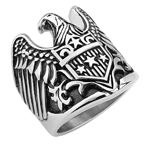 Mianova Herren Ring Edelstahl Massiv Breit Herrenring Männer Biker Rocker mit Adler mit Sternschild Silber Größe 62 (19.7) von Mianova