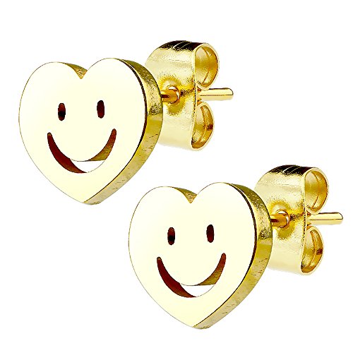 Mianova Ohrringe Stecker Ohrstecker Studs Klein Herz mit Smiley Gold Vergoldet für Damen Kinder von Mianova