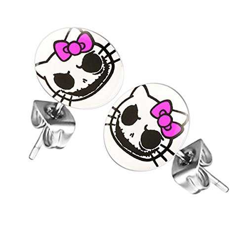 Mianova Ohrringe Stecker Rund Klein Ohrstecker Runde Platte Silber mit Motiv Death Kitty mit Schleife Pink Weiß Schwarz von Mianova