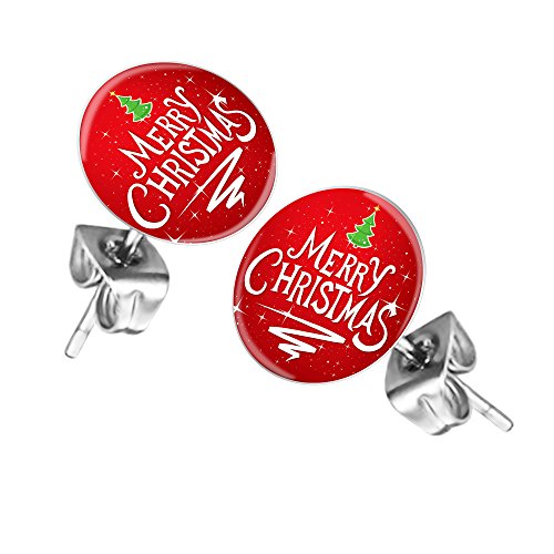 Mianova Ohrringe Stecker Rund Klein Ohrstecker Runde Platte Silber mit Winter Weihnachts Motiv Merry Christmas und Weihnachtsbaum Rot Grün von Mianova