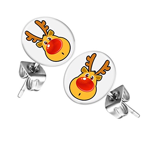 Mianova Ohrringe Stecker Rund Klein Ohrstecker Runde Platte Silber mit Winter Weihnachts Motiv Rentier Rudolph mit roter Nase von Mianova
