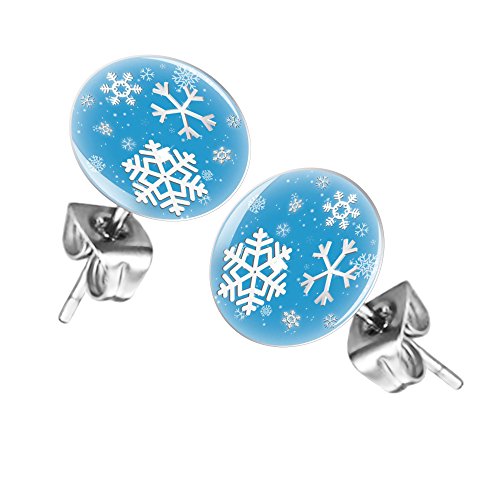 Mianova Ohrringe Stecker Rund Klein Ohrstecker Runde Platte Silber mit Winter Weihnachts Motiv Schneeflocke Blau Weiß von Mianova