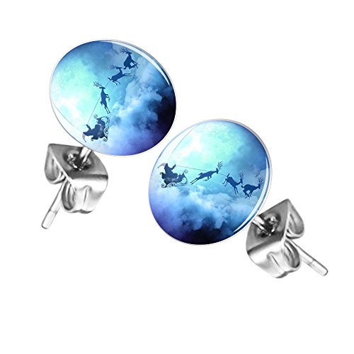 Mianova Ohrringe Stecker Rund Klein Ohrstecker Runde Platte Silber mit Winter Weihnachts Motiv fliegende Weihnachtskutsche von Mianova