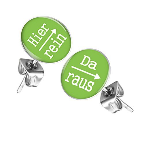 Mianova Ohrstecker Studs Buttons Silber Platte mit Spruch "Hier rein, Da raus" - 12mm in Grün von Mianova