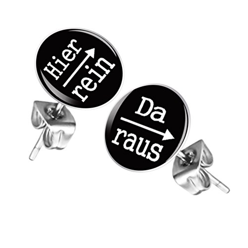 Mianova Ohrstecker Studs Buttons Silber Platte mit Spruch "Hier rein, Da raus" - 12mm in Schwarz von Mianova