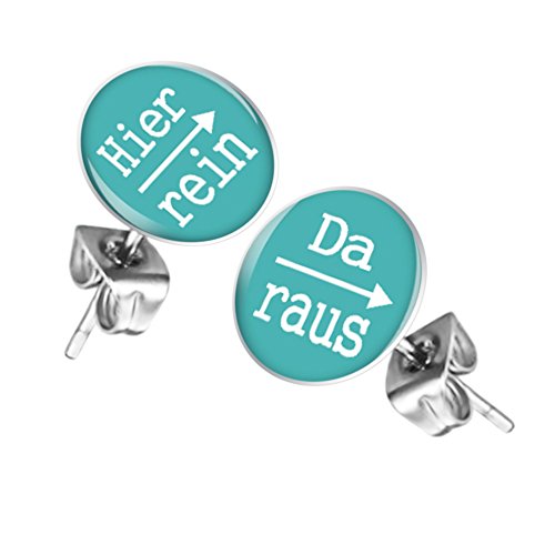 Mianova Ohrstecker Studs Buttons Silber Platte mit Spruch "Hier rein, Da raus" - 12mm in Türkis von Mianova