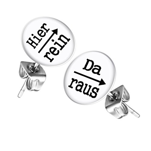 Mianova Ohrstecker Studs Buttons Silber Platte mit Spruch "Hier rein, Da raus" - 12mm in Weiß von Mianova