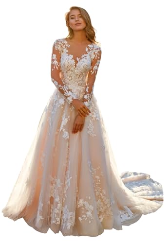 Miao Duo Damen Elegant Spitze Strand Brautkleider für Braut 2024 mit Ärmeln Hochzeit Brautkleider YZTS014, C Weiß, 38 von Miao Duo