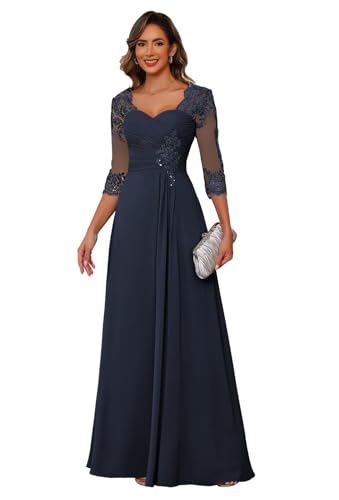 Miao Duo Damen Spitze Appliqued Mother of The Bride Kleider 3/4 Ärmel Scoop Langes Formales Abendkleid MDPM107, marineblau, 48 Mehr von Miao Duo