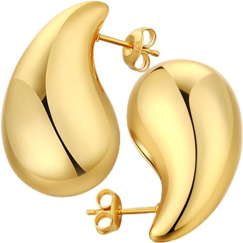 Chunky Gold Creolen Ohrringe Wassertropfen Teardrop Ohrringe Für Damen Hypoallergene s925 Sterling Silber Post Chunky Ohrringe Leichte Drop Ohrringe 32mm von Miaofu