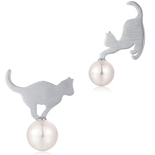 Katzen Ohrringe Damen Katzen Ohrstecker Sterling Silber Katzen Ohrringe Weiße Perle Katzen Ohrringe Süße Katzen Ohrringe Schöne Silber Kitty Ohrringe Mädchen Katzen Perle Ohrringe Ohrstecker von Miaofu