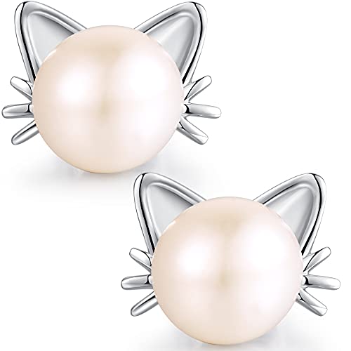 Katzen Ohrringe Silber Katze Ohrstecke Cat Earrings Ohrringe Perlen Katze Weißgold,Ohrringe Katze Silber,Süßwasser Katzen Perlen Ohrringe,Katze Silber Ohrringe,Ohrringe Damen Katze,Katzen Ohrstecker von Miaofu