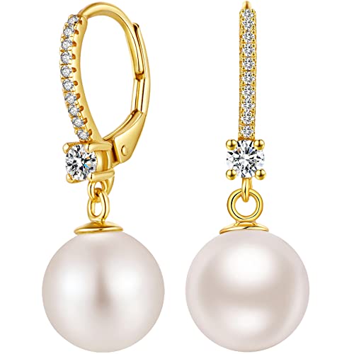 Gold Perlenohrringe Silber Perle Ohrringe Hängend Ohrringe,Perlen für Damen Kunstperlen Weißgold Perlen 10mm Pearl Earrings von Miaofu