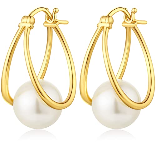 Perlenohrringe Gold Hängend Ohrringe Gold Perle Silber Ohrringe Damen 925 Hängend Creolen mit Perle Ohrhänger Vergoldet von Miaofu
