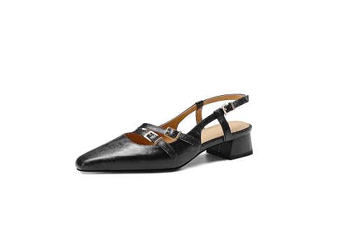 Miashi Damen Klassische Ballerinas Slingback Echte Lederschuhe mit kleinem Chunky-Absatz spitz und bequem (Schwarz, Erwachsene, Damen, 36, Numerisch, EU Schuhgrößensystem, M) von Miashi