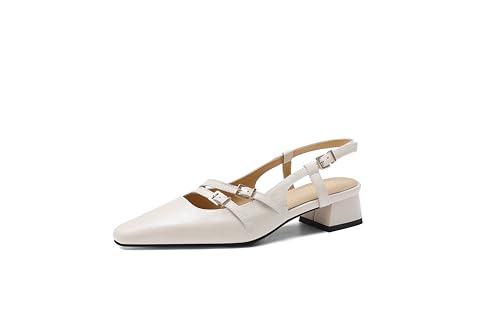 Miashi Damen Klassische Ballerinas Slingback Echte Lederschuhe mit kleinem Chunky-Absatz spitz und bequem (Weiß, Erwachsene, Damen, 38, Numerisch, EU Schuhgrößensystem, M) von Miashi