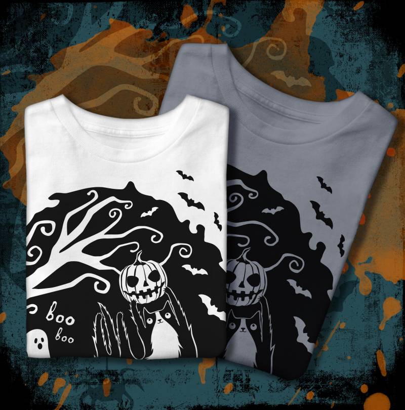 T-Shirt Halloween Unisex Blackwork Tattoo Art Gohst Trick Or Treat Сute Ghost Cat Pumpkin Shirt Halloween-Katzenshirt Herbst von Miaum