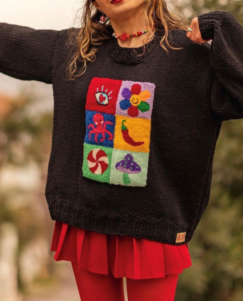 Handgestrickter Grobstrick Pullover | Recycelte Baumwolle, Punch Embroidery von Mibudesign