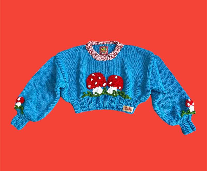 Handgestrickter Pilz Pullover Aus Recycelter Baumwolle Y2K Häkelarbeit von Mibudesign