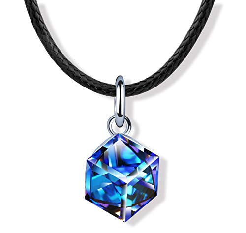 MicLee Damen 925 Sterling Silber Zirkonia Halskette Einfach Quadratischer Kristall Anhänger Schwarze Lederschnur Choker mit Geschenkbeutel Super Geschenk für Paar Pärchen Mutter Tochter von MicLee