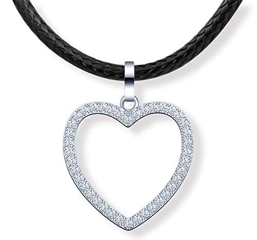 MicLee Damen 925 Sterling Silber Zirkonia Halskette Einfach Süße Herz Anhänger Schwarze Lederschnur Choker mit Geschenkbeutel Super Geschenk für Paar Pärchen Mutter Tochter von MicLee
