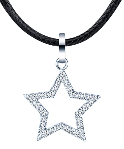 MicLee Damen 925 Sterling Silber Zirkonia Halskette Einfach Süße Stern Anhänger Schwarze Lederschnur Choker mit Geschenkbeutel Super Geschenk für Paar Pärchen Mutter Tochter von MicLee