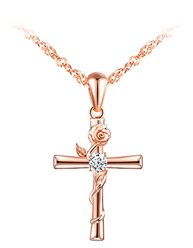 MicLee Damen 925 Sterling Silber Zirkonia Halskette Fashion Kreuz Rose Anhänger Kette mit Geschenkbeutel Super Geschenk für Paar Pärchen Mutter Tochter von MicLee