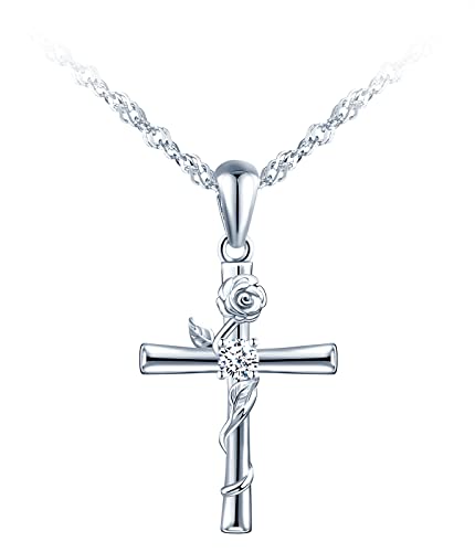 MicLee Damen 925 Sterling Silber Zirkonia Halskette Fashion Kreuz Rose Anhänger Kette mit Geschenkbeutel Super Geschenk für Paar Pärchen Mutter Tochter von MicLee