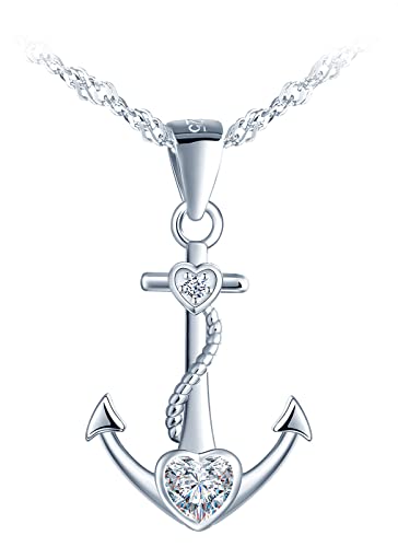 MicLee Damen 925 Sterling Silber Zirkonia Halskette Einfach Anker Herz Anhänger Kette mit Geschenkbeutel Super Geschenk für Paar Pärchen Mutter Tochter von MicLee