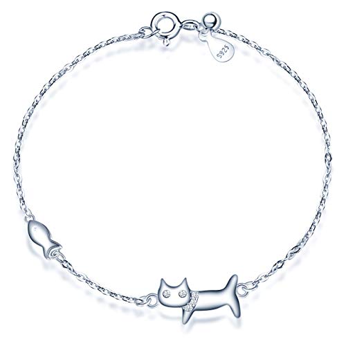 MicLee Damen Armband Zirkonia 925 Sterling Silber Allergenfrei Katze und Fisch Armreif Armkette mit Geschenkbeutel Super Geschenk für Mutter Freundin von MicLee