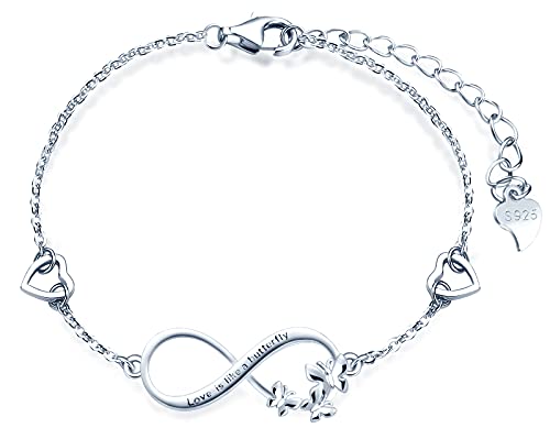 MicLee Damen Armband Zirkonia 925 Sterling Silber Allergenfrei "Love is like a butterfly" Schmetterlinge Unendlichkeit Zeichen Zwei Herz Armreif Armkette mit Geschenkbeutel Super Geschenk für Mutter von MicLee