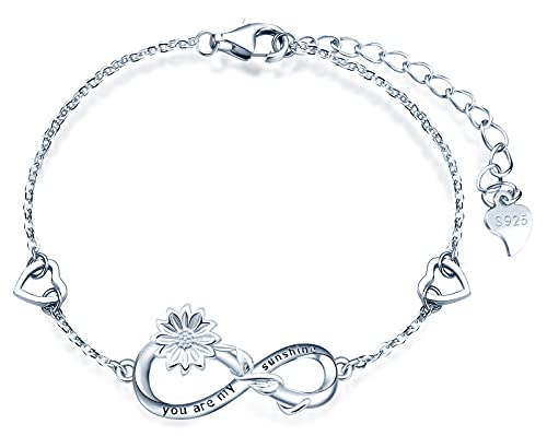 MicLee Damen Armband Zirkonia 925 Sterling Silber Allergenfrei Sonnenblume "You are my sunshine" Unendlichkeit Zeichen Zwei Herz Armreif Armkette mit Geschenkbeutel Super Geschenk für Freundin von MicLee