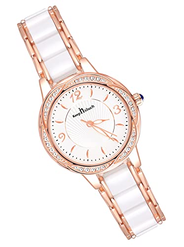 MicLee Damenuhr Analoge Rosegold Leuchtzeiger Armbanduhr Blumenmuster Digitales Zifferblatt aus Keramik Edle Quarzuhr von MicLee