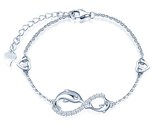 MicLee Damen Einfach Armband Zirkonia 925 Sterling Silber Allergenfrei Delphin Unendlichkeit Zeichen Zwei Herzen Armreif Armkette mit Geschenkbeutel Super Geschenk für Mutter Freundin von MicLee