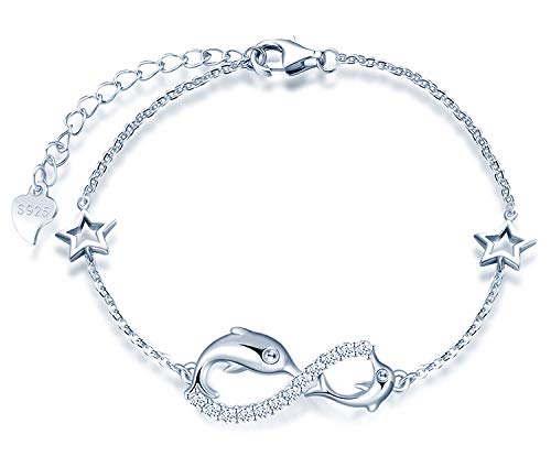 MicLee Damen Einfach Armband Zirkonia 925 Sterling Silber Allergenfrei Delphin Unendlichkeit Zeichen Zwei Sternen Armreif Armkette mit Geschenkbeutel Super Geschenk für Mutter Freundin von MicLee