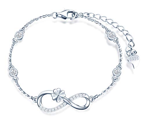 MicLee Damen Einfach Armband Zirkonia 925 Sterling Silber Allergenfrei Glücklich Vierblättriges Kleeblatt Unendlichkeit Zeichen Armreif Armkette mit Geschenkbeutel Super Geschenk für Mutter Freundin von MicLee