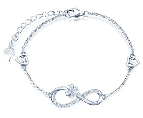 MicLee Damen Einfach Armband Zirkonia 925 Sterling Silber Allergenfrei Vierblättriges Kleeblatt Unendlichkeit Zeichen Zwei Herzen Armreif Armkette mit Geschenkbeutel Super Geschenk für Mutter Freundin von MicLee