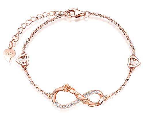 MicLee Damen "Endlose Liebe " Einfach Armband Zirkonia 925 Sterling Silber Allergenfrei Rose Unendlichkeit Zeichen Zwei Herzen Armreif Armkette mit Geschenkbeutel Super Geschenk für Mutter Freundin von MicLee