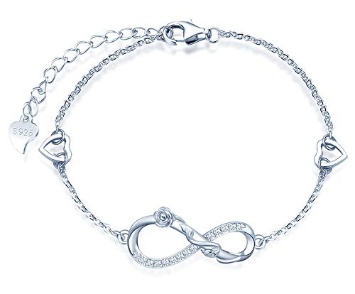 MicLee Damen "Endlose Liebe " Einfach Armband Zirkonia 925 Sterling Silber Allergenfrei Rose Unendlichkeit Zeichen Zwei Herzen Armreif Armkette mit Geschenkbeutel Super Geschenk für Mutter Freundin von MicLee