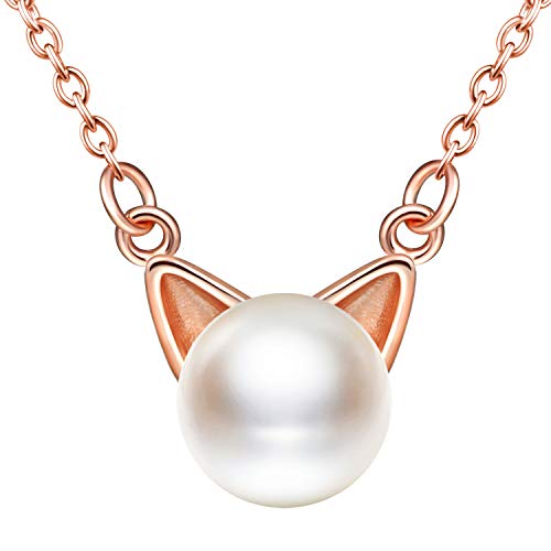 MicLee Damen Halskette 925 Sterling Silber Süße Katze Perlen Anhänger Kette Süßwasser-Zuchtperlen Katzenohren mit Geschenkbeutel Super Geschenk von MicLee