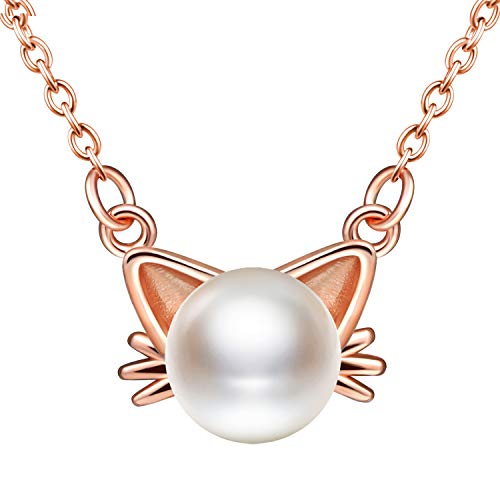 MicLee Damen Halskette 925 Sterling Silber Süße Katze Perlen Anhänger Kette Süßwasser-Zuchtperlen mit Katzenohren Katzenbart Geschenkbeutel Super Geschenk für Paar Pärchen Mutter Tochter von MicLee