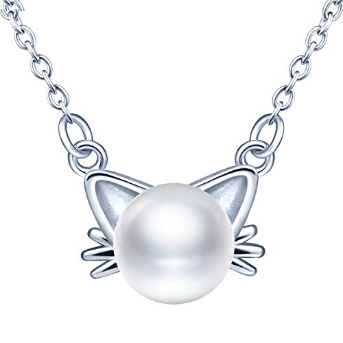 MicLee Damen Halskette 925 Sterling Silber Süße Katze Perlen Anhänger Kette Süßwasser-Zuchtperlen mit Katzenohren Katzenbart Geschenkbeutel Super Geschenk für Paar Pärchen Mutter Tochter von MicLee