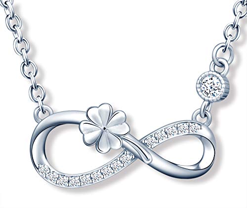 MicLee Damen Halskette 925 Sterling Silber Zirkonia Allergenfrei Glücklich Vierblättriges Kleeblatt Unendlichkeit Zeichen Anhänger Kette mit Geschenkbeutel Super Geschenk für Mutter Freundin von MicLee