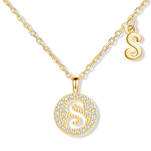 MicLee Damen Halskette 925 Sterling Silber Zirkonia Buchstabenkette in Rosegold (verstellbar) Kette Brief Initial A-Z Disc rundem Buchstaben Anhänger mit Geschenkbeutel Super Geschenk von MicLee