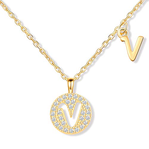 MicLee Damen Halskette 925 Sterling Silber Zirkonia Buchstabenkette in Rosegold (verstellbar) Kette Brief Initial A-Z Disc rundem Buchstaben Anhänger mit Geschenkbeutel Super Geschenk von MicLee